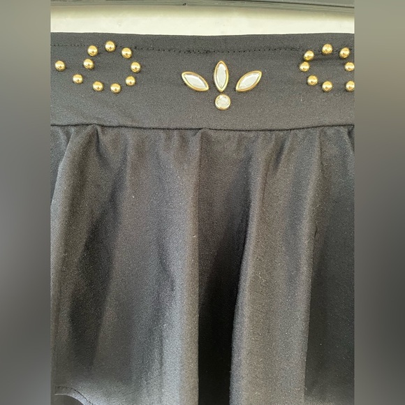 Black bikini bottom flouncy skirt with gold details along wide waist line;size M - Picture 2 of 4